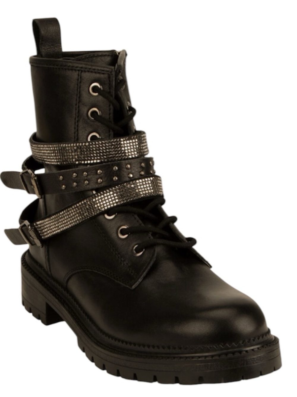 STEVE MADDEN CAPTAIN BLACK LEATHER WOMENS SZ 7 COMBAT BOOTS CRYSTAL METAL STRAPS